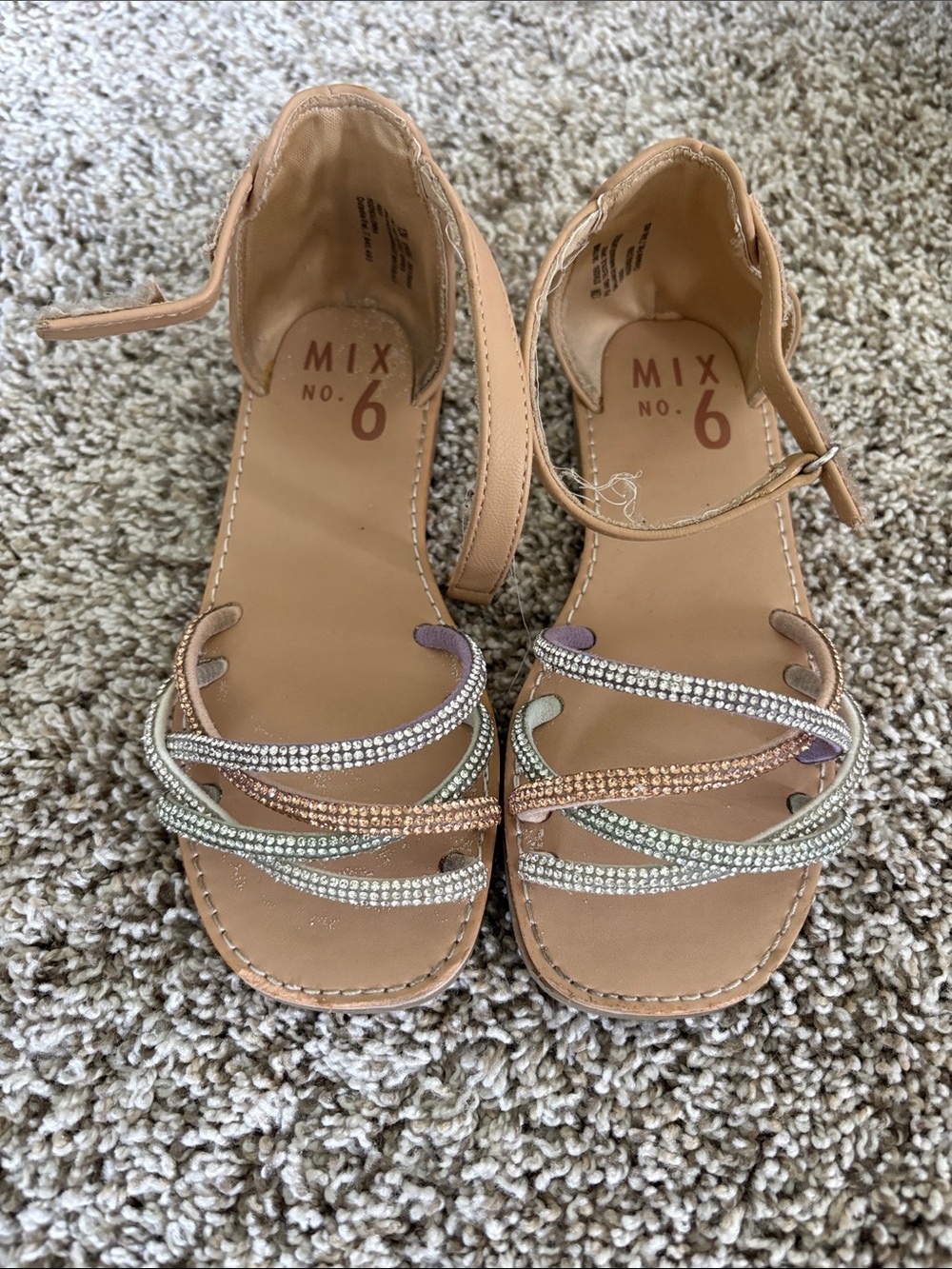 Mix No. 6 Tan Ankle-Strap Sandals with Multicolor Crystal Straps